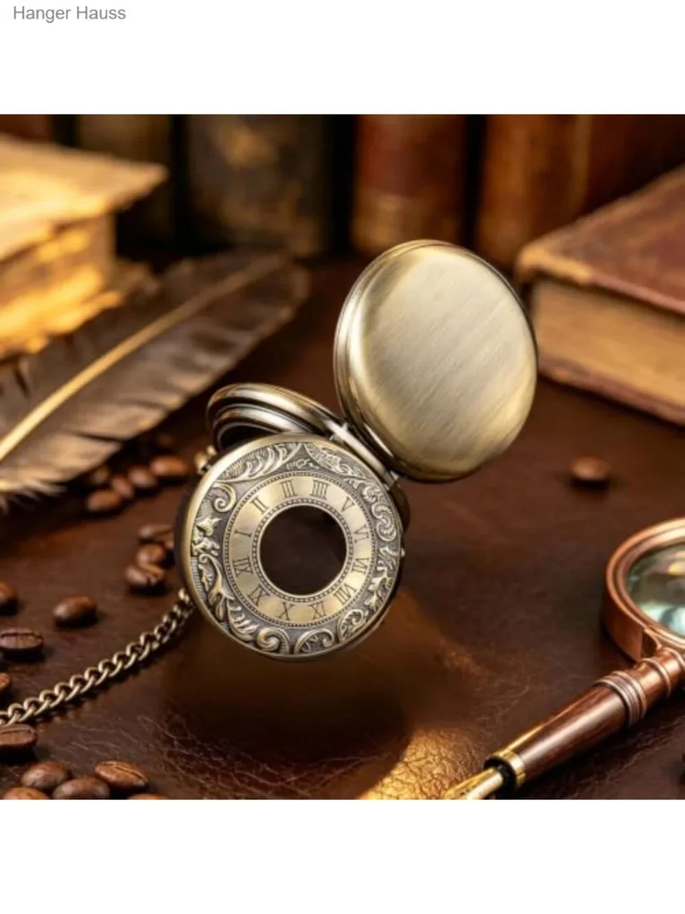 Vintage Mechanical Skeleton Pocket Watch with Box and Chain